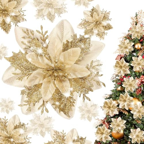15 Pieces Glitter Poinsettia Christmas Decorations,Artificial Flowers Christmas Tree Ornaments,for New Year Wedding Xmas Wreath Home Party Decor (Gold)