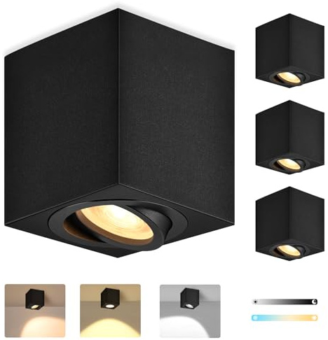 GeyouLux LED Surface Mounted Spotlights Black Dimmable, 80x84mm Square Ceiling Spots, 30° Adjustable, incl. 5W 500LM LED Module 230V, 3CCT 3000K/4000K/6500K, 4 Pack