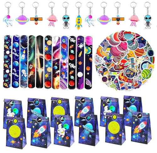 Set di 86 pensierini per il compleanno dei bambini, astronauta, feste, bomboniere per bambini, con portachiavi, braccialetti a scatto, sacchetti regalo, adesivi per tatuaggi per bambini, ragazzi,