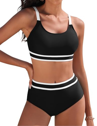 Tuopuda Costumi Donna Mare Due Pezzi Vita Alta Bikini Set Costume Contenitivo Pancia Estivo Swimsuit Beachwear per Mare Spiaggia Piscina Party Vacanza, Nero, XL