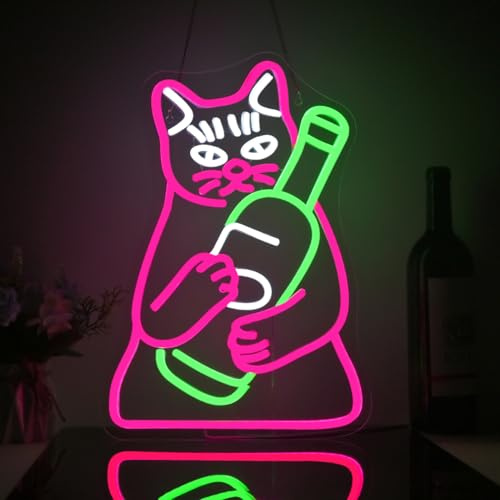 Looklight katt ölflaska neonskylt, LED-skylt väggdekoration djur dimbar, LED-skylt drink öl katt för väggdekor ljus upp djur med USB för öl bar fest födelsedagsfest present