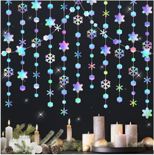 Decoración de fiesta de invierno de 26 pies, copo de nieve iridiscente, guirnalda de papel holográfico, copos de nieve, serpentinas para invierno, Navidad, Onederland