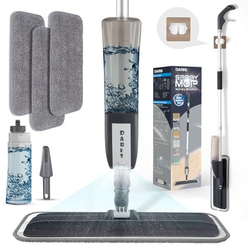 Mopa Fregona con Pulverizador 3 Paños Microfibra Lavables y Raspador Mopas de Limpieza Suelos Azulejos Mármol Parquet Madera Laminados Azulejos Secado Rápido Sin Rayas para Cocina Hogar