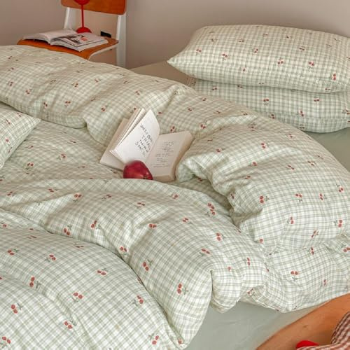 Freyamy Housse de Couette 220x240 à Carreaux Vichy Vert Parure de lit 2 Personne Filles Femmes avec Fermeture Éclair Sets de Housse Cerises en Microfibre avec 2 Taie d'oreiller 65 x 65cm
