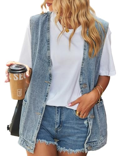 Sukany Women's Casual Vintage Denim Vest Button Down Sleeveless Gilet Oversized Jean Waistcoat