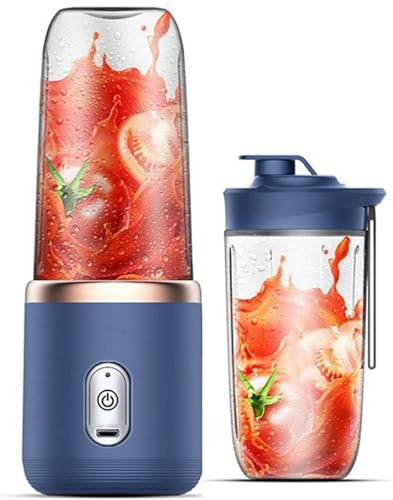 Portable 400ml Mini Juice Blender, Fruit Mixer Juicer, Rechargeable Personal Smoothie Maker with 6 Blades for Shakes & Travel Cup with Extra Cup (Blue)