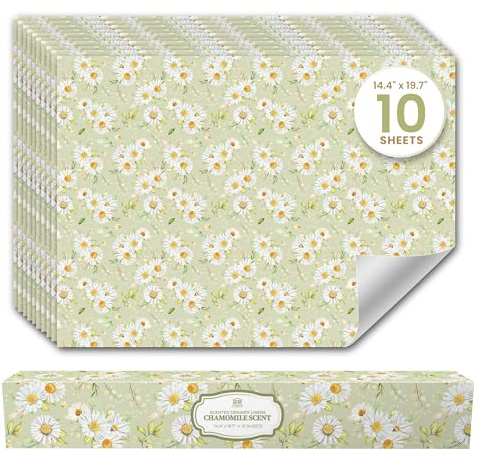 Chamomile Scented Drawer Liners (10 Large Sheets, 50cm x 36.5cm) - Non Adhesive Drawer Fresheners & Lining Paper for Drawers, Bedroom & Wardrobe Shelves - Drawer Liners Scented for Clothes