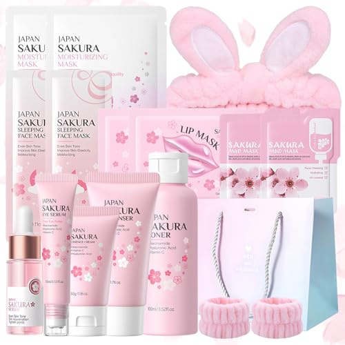 Kit per la Cura della Pelle Sakura 15 Pezzi,Include Detergente,Crema, Siero,Tonico,Siero per gli occhi,Maschera di fango,Maschera per dormire,Maschera per il viso,Maschera per le labbra e Accessori