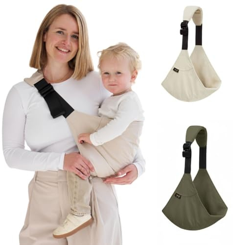 Rookie-Baby – Hüfttrage Baby Beige I Ergonomisch & rückenschonend I Schnell anzulegen – Trage ab 9 Monate bis ca. 4 Jahre I Seitentrage für Kleinkinder I Ideal für unterwegs I Babytrage Hüftsitz