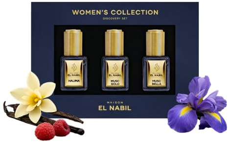 Maison El Nabil WOMEN Discovery Set - Discovery Set för kvinnor 3 Roll On 5 ml (Halima, Musc Gold, Musc Bella) - gourmand, blommig och orientalisk - alkoholfritt parfymextrakt - presentidé