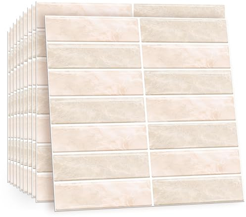 TOARTi 10 Sheets 2D Beige Self Adhesive Wall Tiles,12×12inch Stick On Wall Tiles Kitchen Splashbacks for Walls,Watercolour Tile Stickers Peel and Stick Backsplash Splashback Decals Tile