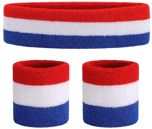 ONUPGO Sweatband Set (3 Pieces) Sports Headband Wrist Striped Sweatbands Terry Cloth Wristband Athletic Exercise Basketball Wrist Sweatband and Headbands Moisture Wicking Sweat Absorbing Head Band