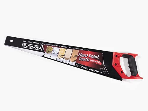 Barbarossa 22” 550mm Pro Hand Saw,Perfect for 1st Fix Heavy Duty Sawing, Trimming, Gardening, Wood Cutting, Plastic, Made from Carbon Steel with 8 TPI / 9 Points, Soft Grip Handle