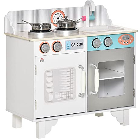 HOMCOM Kids Wooden Play Kitchen Toy Cooking Set Pretend Role Playset, with, Cooking Bench, Stainless Steel Pot for 3-6 Years