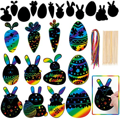 36 Stück Ostern Kratzbilder, Kratzpapier Bastelset, Kaninchen Hase Karotte Osterei Rainbow Magic Scratch Painting mit Holzstab und Band für Kinder Osterdekorationen