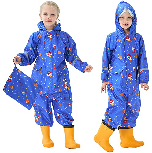 Fewlby Enfant Imperméable à Capuche Combinaison de Pluie Garçon Fille Manteau de Pluie Veste Poncho Léger Animal Imprimé Rayure Réfléchissante Outdoor Imperméables S 1-3 Ans