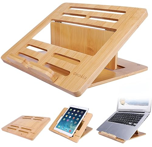 Gocokia Bambu Fodable Laptop Notebook Riser Stativ Skrivbord Justerbar med 4 vinklar Notebook-monteringshållare, Fällbart laptop-kylstativ för Macbook, Surfplatta,