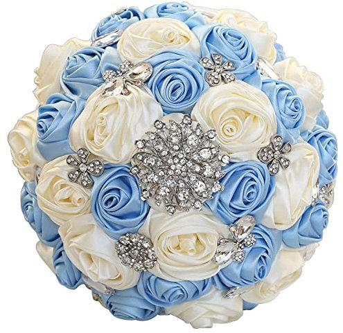 Sharebeauty Ramo de novia de satén hecho a mano de 7.9 pulgadas, ramo de boda redondo, ramo de flores artificiales, azul claro + marfil