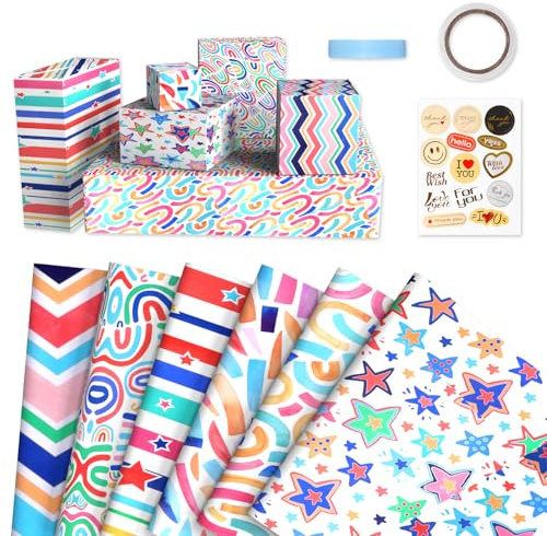Gift Wrapping Paper 6 Sheets, 70x50cm Birthday Wrapping Paper Colorful Recyclable Kraft Gift Wrap with Ribbon, Tape for Birthday Wedding Party Boy Men Girl Women