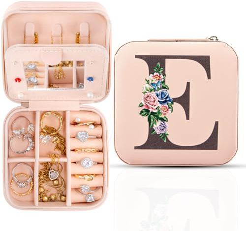 Joyero de viaje con espejo, organizador de joyas esencial de viaje, organizador de anillos, collares y pendientes, joyero de viaje con iniciales personalizadas, regalos para mujeres y niñas,E
