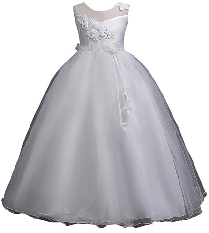 Valin Vestido de niña de flores vestido de princesa festivo para niños niñas vestido sin mangas bordado tul fiesta festivo vestido de boda 5-16 años, V708, Blanco, 15-16 años
