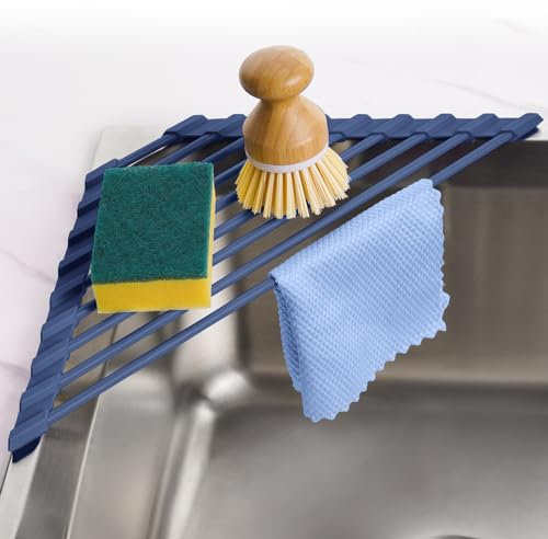 Tomorotec Compact Silicone-Coated Triangle Dish Drying Rack for Sink Corner - Foldable Stainless Steel Over-The-Sink Organizer and Storage Shelf (Dark Blue)