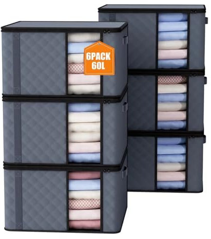 Auveir 6 Stück 60L Aufbewahrungstasche, Aufbewahrungsbox mit Deckel, Große Kleideraufbewahrung Umzugskartons, Faltbare Aufbewahrung Boxen für Bettdecken Decken Kleidung Unterbett Kleiderschrank