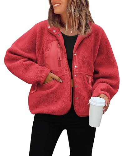 ReachMe Womens Fuzzy Fleece Jackets Casual Long Sleeve Sherpa Jacket Crop Button Down Winter Coats Y2k Outwear with Pockets(Red,S)