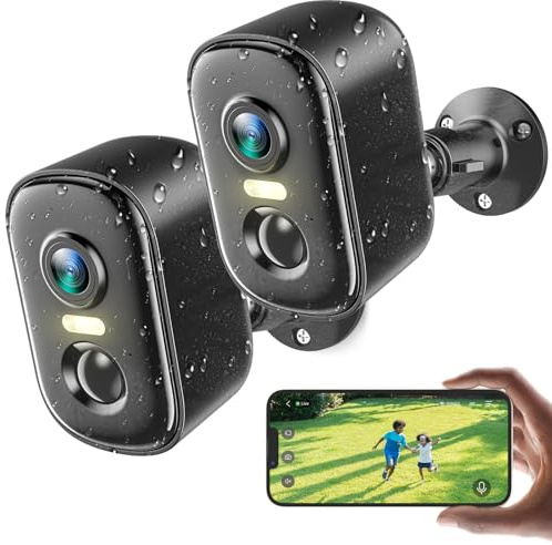 2K Security Cameras Wireless Outdoor, 2 Pack Battery Powered WiFi Cameras for Home Security with AI Motion Detection, Spotlight Color Night Vision, 2-Way Talk, Siren Alarm, IP65, Cloud/SD Storage