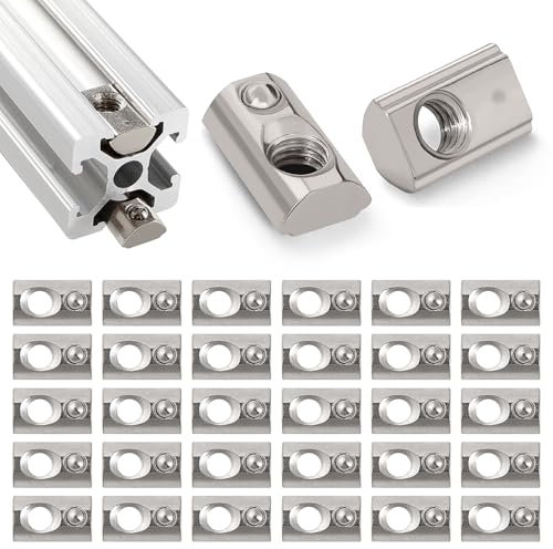Lyeteung 30 Pièces 20 Série M5 Écrous à Ressort en T, Écrous à Bille en T, Écrous à Rainure en T avec Ressort à Bille, pour Fente de 6 mm 2020 2040 2060 2080 Profil D'Extrusion en Aluminium