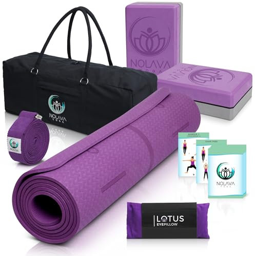 NOLAVA 7-teiliges Yogamatten-Set – All-in-One-Yoga-Set mit dicker TPE-Anti-Rutsch-Matte, 2 Blöcken, Gurt, Lavendel-Augenkissen, Karten und Tragetasche für Heim- und Studio-Workouts – Fitnessausrüstung
