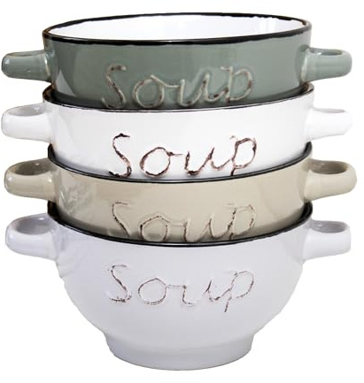 Darthome Set of 4 Handled Soup Bowls 500ml Stoneware Script Label Stew Serving Dishes