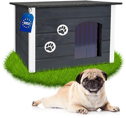 Outentin Hundehütte Outdoor Winterfest - Hundehaus für Mittelgroße Hund - Isoliert und Wetterfest - Hunde Haus für Draußen mit zum Öffnen Flachdach - Stabile und Moderne Villa - 76 x 60 x 60cm - Grau