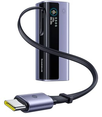 Baseus Laptop Power Bank, 20,000mAh 145W Portable Charger Built-in Retractable Cable, 4-Port PD Fast Charging Battery Pack with Smart Display, for iPhone Air/17 Pro Max, Samsung Galaxy, Dell, HP, etc