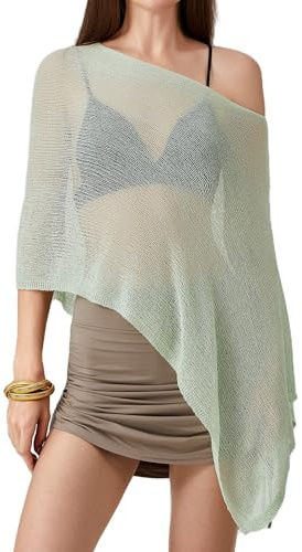 SYHVGI Women Sheer Shrug Shawl Poncho Summer Knit Sweater Tops Mesh Solid Summer Beach Lightweight Tops