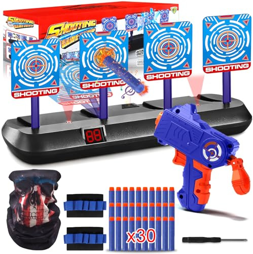 BUOAZR Cible pour Nerf avec 4 Cibles, Cible avec Pistolet Jouets, 30 Mousse Fléchettes, Pistolet Jouet, Jeu Electronique de Tir avec Effet Lumineux et Sonore, Jouet pour 3+ an Garçons Filles