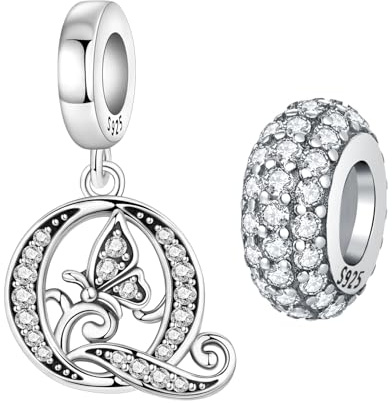 PANPOKI Parti med 2 bärlock i sterlingsilver 925, i form av fjärilar, för armband och halsband, med initialer från alfabetet, mellanpärlor, present för kvinnor, Universal Kompatibilität Charms