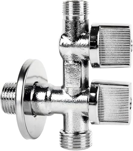Válvula de escuadra doble – Latón cromado | 2 salidas independientes | Grifo para lavadora, lavavajillas, fregadero | Resistente PN16-10°C a 120°C (1/2 1/2 3/8) FLUVIA