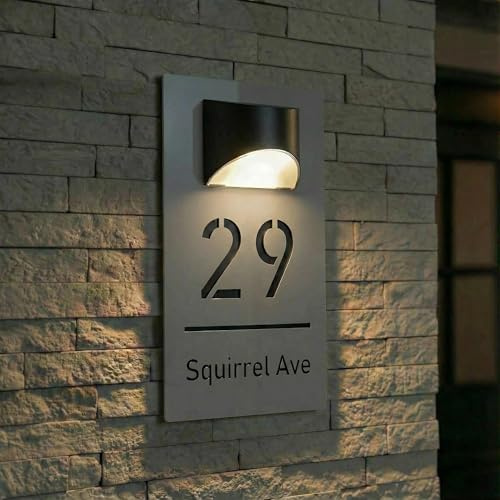 Números de Casa Exterior con Luz Solar LED, Placa de de Acrílico Impermeable con Grabado Láser 3D Personalizable, Letrero para Puerta Exterior zm (4 Tamaños, 16 Fuentes, 3 Colores)(Gris-Negro)