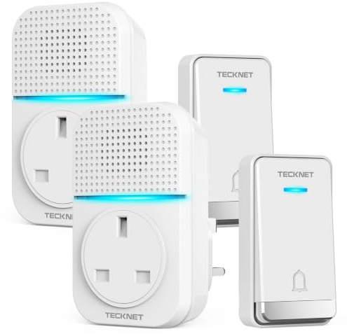 TECKNET Self-Powered Wireless Doorbell Kit (2 Buttons & 2 Receivers),White | IP65 Waterproof No Battery Plug in Cordless Door Chime Kit, 1312ft Range, 60 Chimes, 5-Level Volume, LED Flash for Home