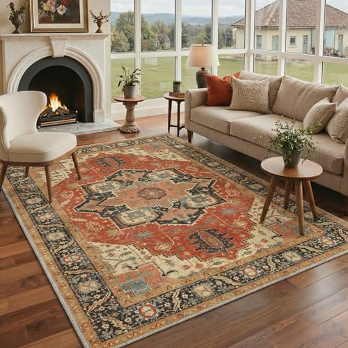 BEIMO Alfombra Salon Pelo Corto Vintage, Alfombra Dormitorio, Alfombras Antideslizantes Lavables, Grandes Alfombras Persas para Habitación, Escalera,Rojo Terracota y Negro,160x230cm