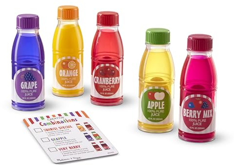 Melissa & Doug Tip & Sip Toy Juice Bottles and Activity Card (6 Pcs) Pretend Play Food Set, Play Kitchen Food For Ages 3+