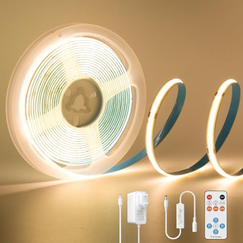PAUTIX Striscia LED COB 3 metri,Strisce LED Bianco Caldo 2700K,480LEDs/m,Larghezza 8mm,CRI93,24V Dimmerabile Flessibile LED Strip con Alimentatore e Telecomando RF per TV,Cucina,Soggiorno,Specchio