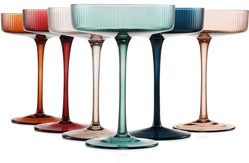 Farbige Vintage Art Deco Coupé-Gläser, Martini-, Cocktail- und Champagnergläser, geriffelt, 200 ml, 6 Stück, niedliche pastellfarbene gedämpfte Kristall-Cocktailgläser, Kelch, Cocktails, geriffelte