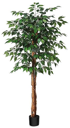SOGUYI 150cm Artificial Ficus Tree with Natural Wood Trunk, Silk Fake Ficus Tree in Plastic Nursery Pot, Faux Plant for Office Home, Indoor Outdoor Decor, 1 Pack