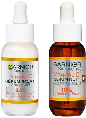 Garnier Vitamin C Serum Set, Day & Night Serums for Face and Neck, Anti-Dark Spots, Smooths & Brightens, Vegan Formula, For Dull, Uneven Skin, Bundle 2 x 30ml