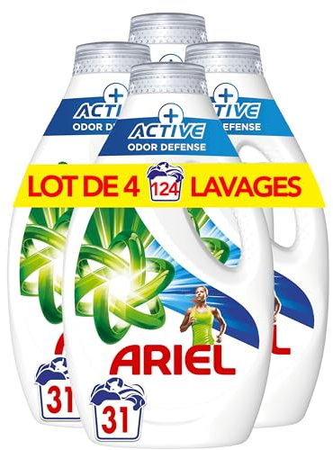 Ariel Lessive Liquide, 4 x 31 Lavages, Active Odor Defense, Touche De Febreze, Parfum De Propreté 2x Plus Long, Fabriqué En France