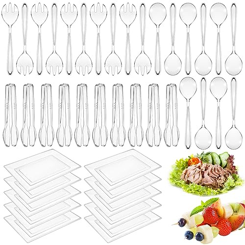 Tioncy 40 Pcs Plastic Serving Utensils Set Disposable Clear Utensils Include 30 Pcs 9 Plastic Serving Spoon Forks Tongs and 10 Pcs 15'' X10'' Plastic Serving Trays Serving Food Party Buffet Cutlery