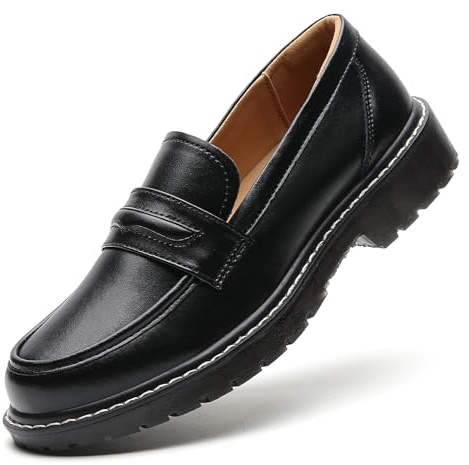 XMM Black Loafers for Women Chunky Loafer Shoes Penny Loafers Flats Lug Sole Lightweight Slip On Ladies Shoes Business Casual Dressy Comfortable Office Shoes US 6
