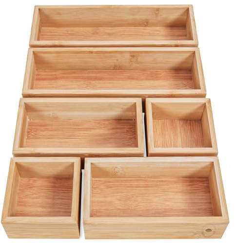 DeinKaufladen.com 6er Set Aufbewahrungsbox Holz Organizer – praktische und flexible Bambus Box - Schubladen Box Sortierbox Sortierkasten Kosmetik Aufbewahrung Ordnungsbox Holzboxen Holzkasten